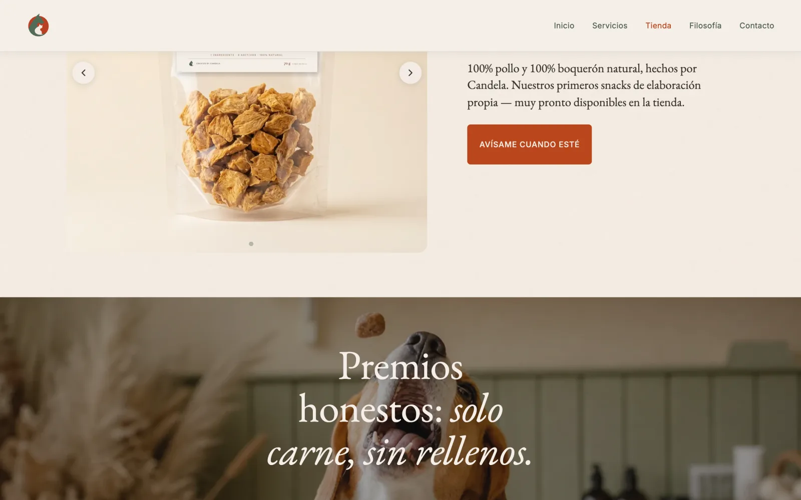 Diseño web premium para Candela Bienestar Animal — Animal wellness · Dog grooming · Madrid · caso de estudio LhabiaStudio Madrid